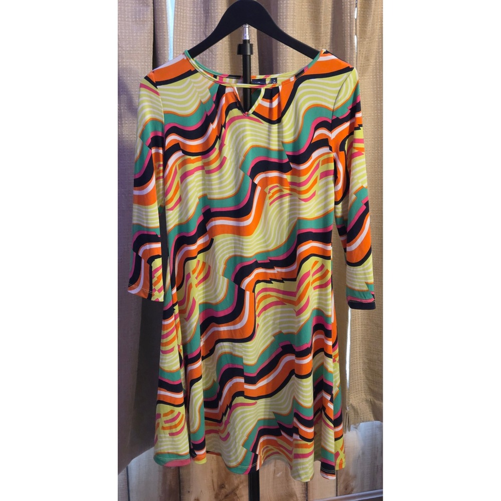 Kaari Blue Patterned‎ Stretch 3/4 Sleeve Dress Women's Size Small Multicolor